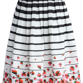 Falling Roses Striped Printed Midi Skirt Multi