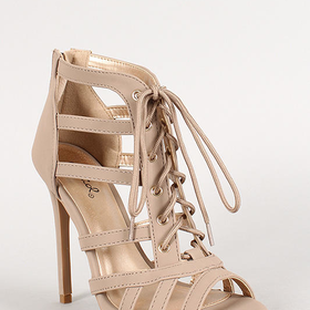 Qupid Nubuck Strappy Lace Up Open Toe Heel