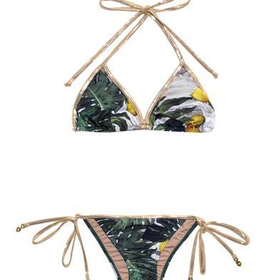 Tropical-print metallic-trim triangle bikini