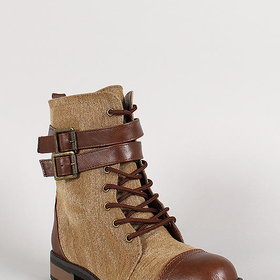 Bamboo Leatherette Two Tone Double Buckle Lace Up Combat Boot
