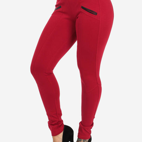 Red High Waisted Pants with Leather Trim