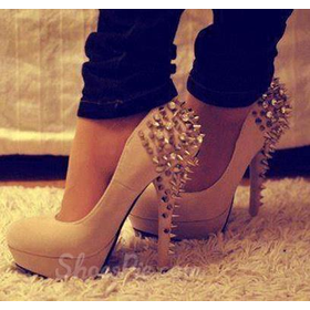 Fashionable Suede Round Toe Rivets Decoration High Heel Shoes