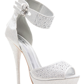 Silver Glitter Piped Ankle Strap Peep Toe Platform Heels