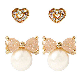 Betsey Johnson Pearl Heart Duo Earrings - Gold/Pearl