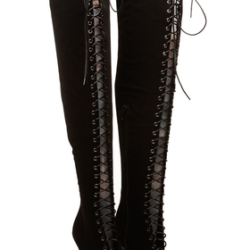Black Faux Nubuck Lace Up Thigh High Peep Toe Boots