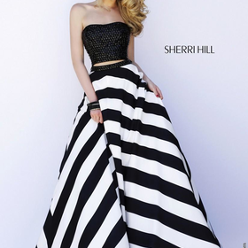 Sherri Hill 32221 Straight Strapless Beaded Crop Top Stripe Skirt