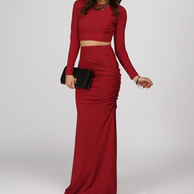 Red Polished Two Piece Long Dress