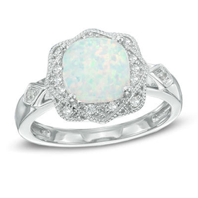 8.0mm Cushion-Cut Lab-Created Opal and White Sapphire Frame Ring in Sterling Silver