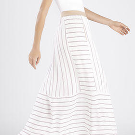 BCBG Haleigh Printed Side-Drape Stripe-Blocked Skirt