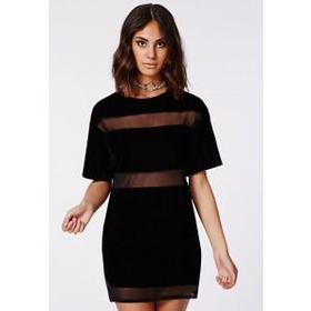 Missguided - Dora Velvet Mesh Panel T-Shirt Dress Black