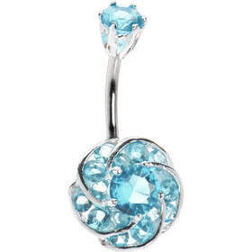 Sterling Silver 925 Aqua Cubic Zirconia Whirling Flower Belly Ring | Body Candy Body Jewelry