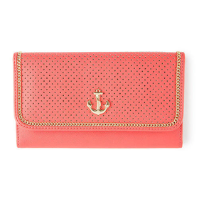 Coral Perforated Faux Leather Wallet with Gold Anchor Emblem