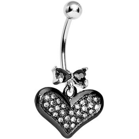 Black Bow Gem Crystalline Heart Dangle Belly Ring | Body Candy Body Jewelry