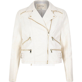 River Island Womens White leather-look zip biker jacket