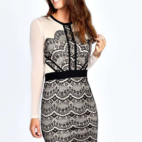 Boutique Lilly Eyelash Lace Mesh Sleeve Bodycon Dress