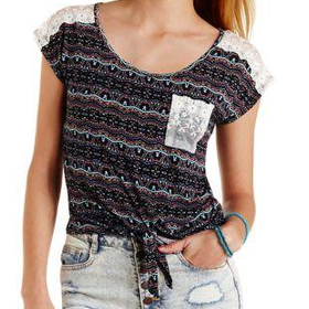 Blue Combo Lace Pocket & Yoke Tie-Front Tee by Charlotte Russe
